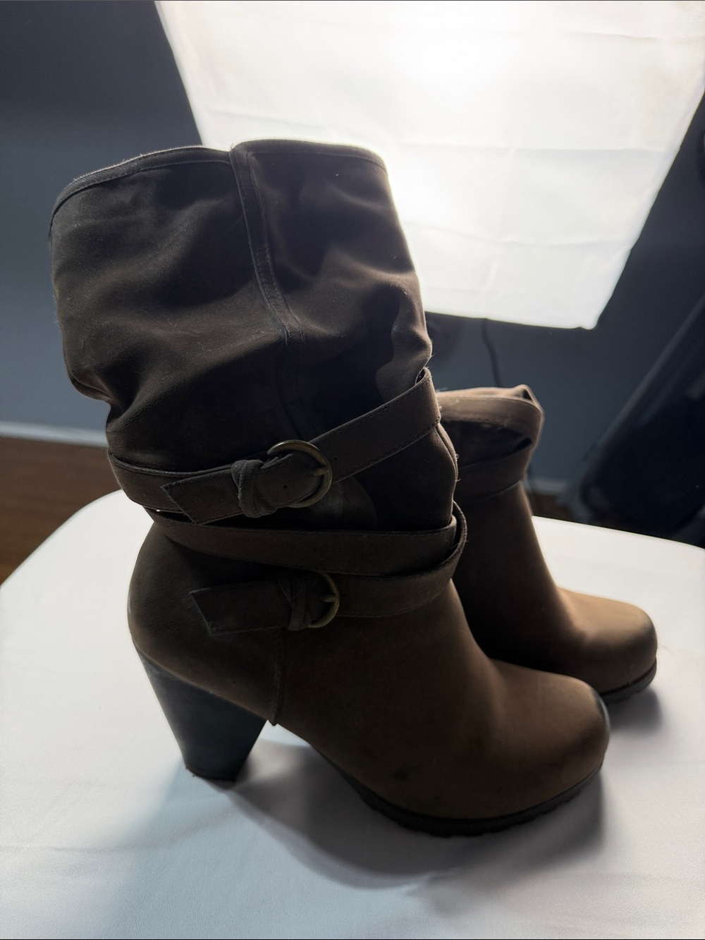 Maurice’s Women’s Mid-Calf Brown Heeled Boots with Wrap Strap